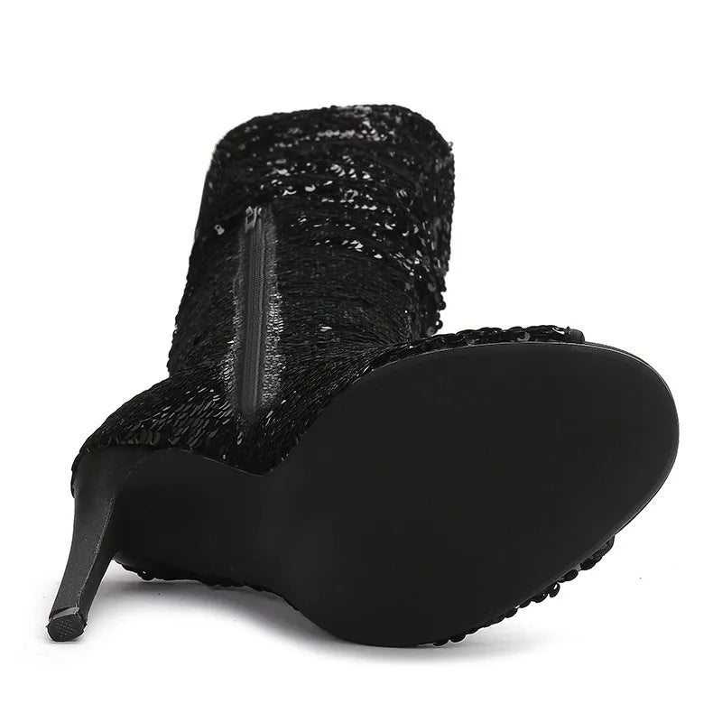 Fashion Wrinkle Women Long Boots Blue Sequined High Heels 11CM Nightclub Queen Peep Toe Shoes Shiny Over The Knee Boots Female