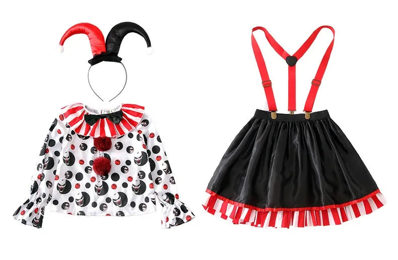 Halloween Cosplay Costumes Horror Clown Dresses Pants Headwear Clothes Sets Carnival Theme Party Role Playing Outfits for Girls