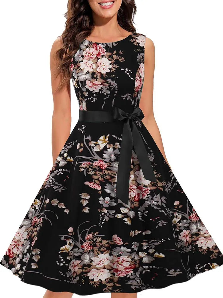 Sleeveless Floral Print Summer Dress Women Elegant Vintage Casual O Neck A Line Midi Party Sundress Vestidos With Belt