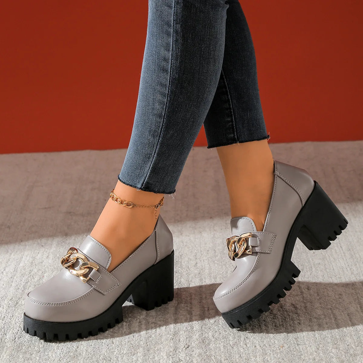 Women's Large Size Thick Heel Slip-On round Toe Leather Shoes Spring Autumn New Style Korean Style PU Leather Mid Heel