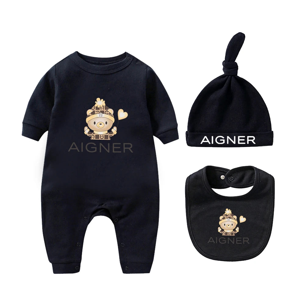 Popular bear jumpsuit, newborn autumn clothing hot selling, soft bib scarf hat, toddler jumpsuit set, baby long sleeved jumpsuit