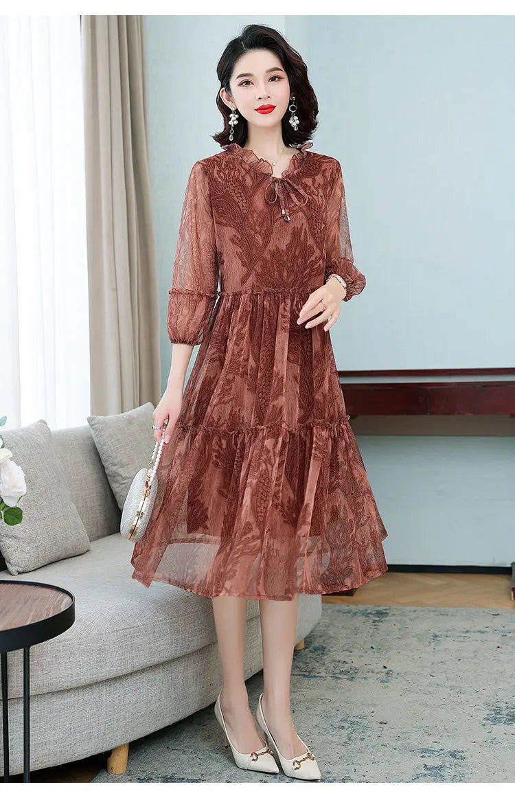 Summer New Casual Half Sleeve Midi Dress Vintage Printed Women's Clothing Ruffles Spliced Stylish Drawstring Loose Gauze Dresses