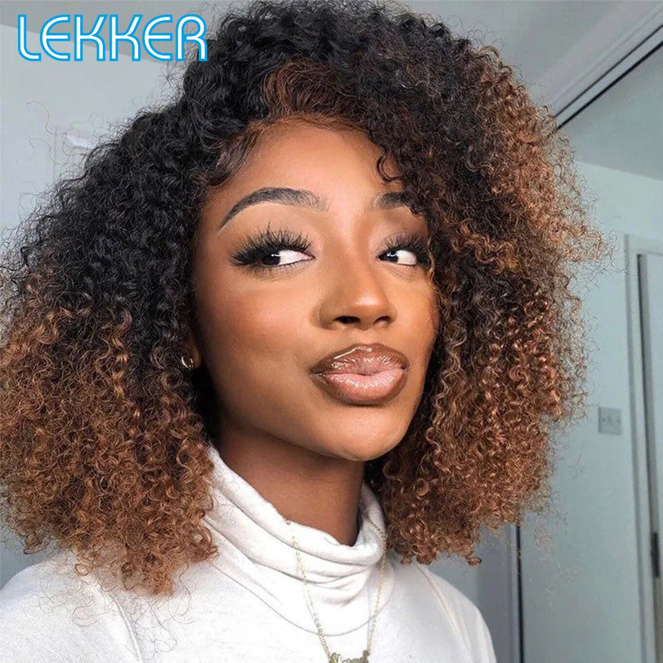 Lekker Highlight Brown Kinky Curly Bob 100% Human Hair Wigs For Women Brazilian Remy Hair Full Machine Made Clearance Curly Wigs