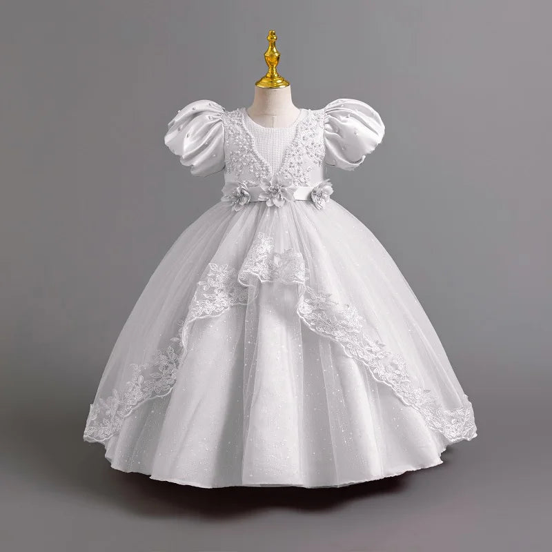 3-12 Year Old Baby Dress Birthday Party Girl Princess Dress Bubble Sleeves Lace Flower Wedding Dress Flower Girl Evening Dress