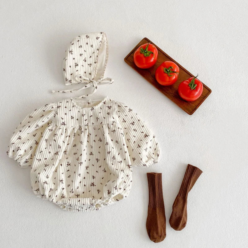 Autumn new style 0-2 years old baby clothing baby girl corduroy bubble sleeves jumpsuit, triangle climbing suit, gift hat