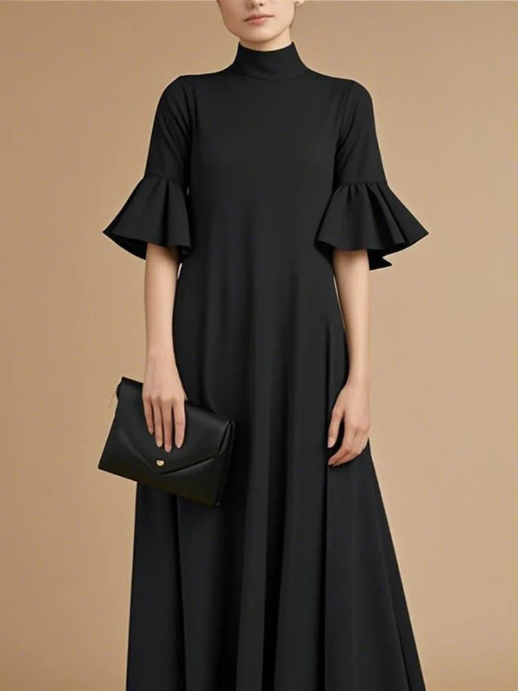 UOOZEE Women's Black Church A-Line Maxi Dress Flared Sleeves Pleated  Solid Color Stand Collar Elegant Evening Long Dresses 2025