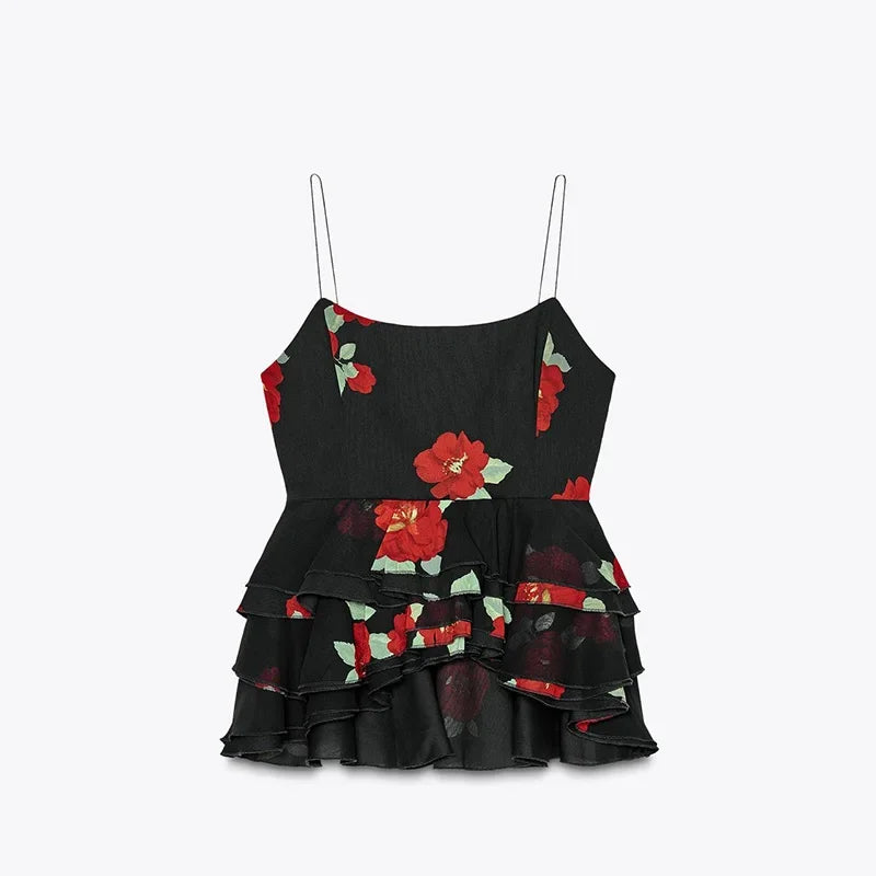 Sexy Flower Print Top Long Skirt Set Women Slim Ruffle Strap U-neck Top Loose High Waist Skirts  Fashion Summer Party Suit