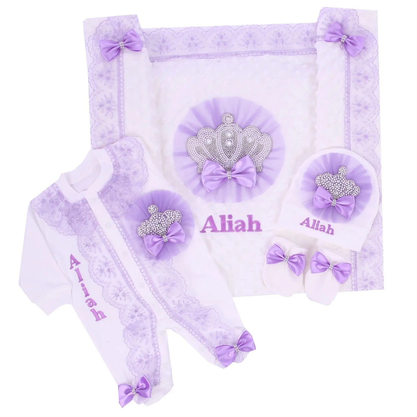5pcs Newborn Baby Embroidery Lace Romper Outfit Clothing Cotton Infant Wrapped Baby Products Pants Mittens Receiving Blanket