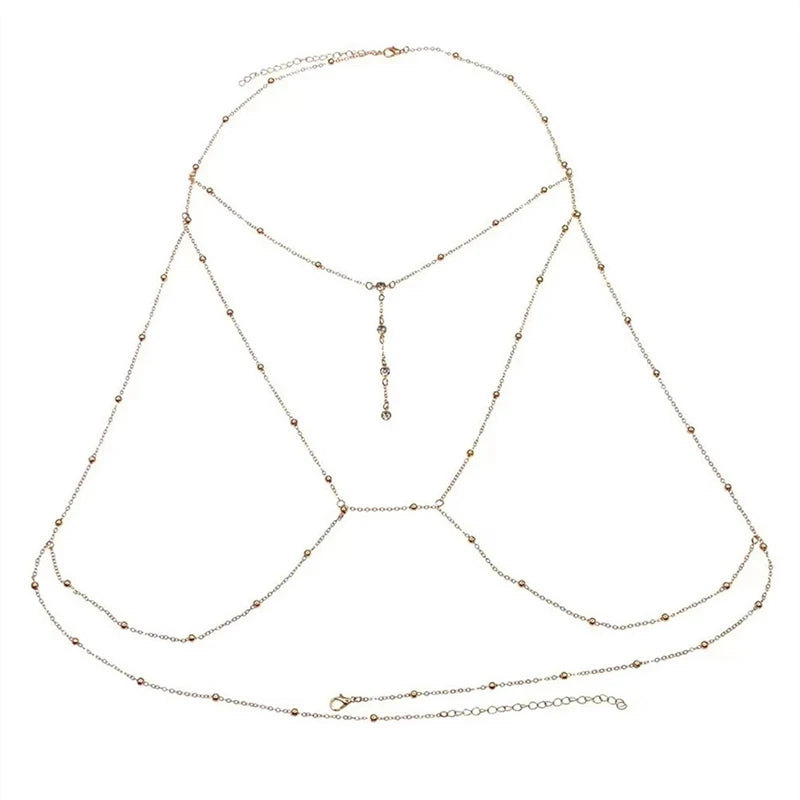 Sexy Rhinestone Round Beads Waist Chain Beach Bra Bikini Chest Chain Zircon Tassel Women Body Chain Jewelry Accessories