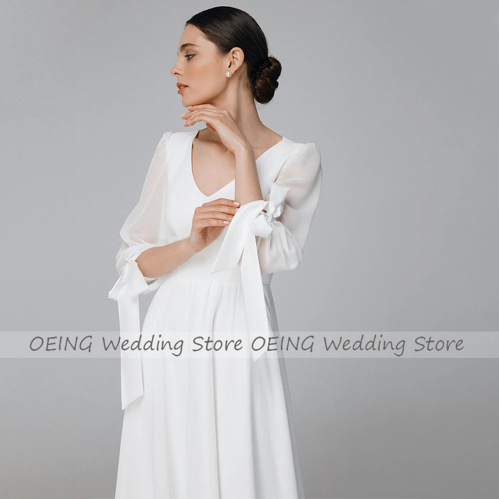 Ivory Wedding Dress Asymmetrical V Neck A Line Midi Wedding Gown for Women 2023 Bride 3/4 Sleeves High Low Simple Bridal Dress