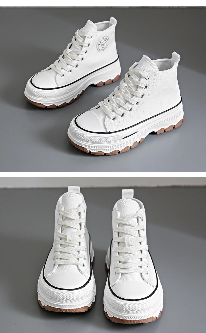 2026Women Canvas Shoes High Top Women's Vulcanize Shoes Lace-Up Casual Ladies Sneakers Plarform Non-slip Round Head Female Shoes