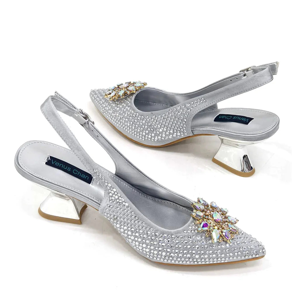 2024 New Designer Specials Italian Women Heels Shoes and Bag Set Royal Purple Color Comfortable With Rhinestone for Party