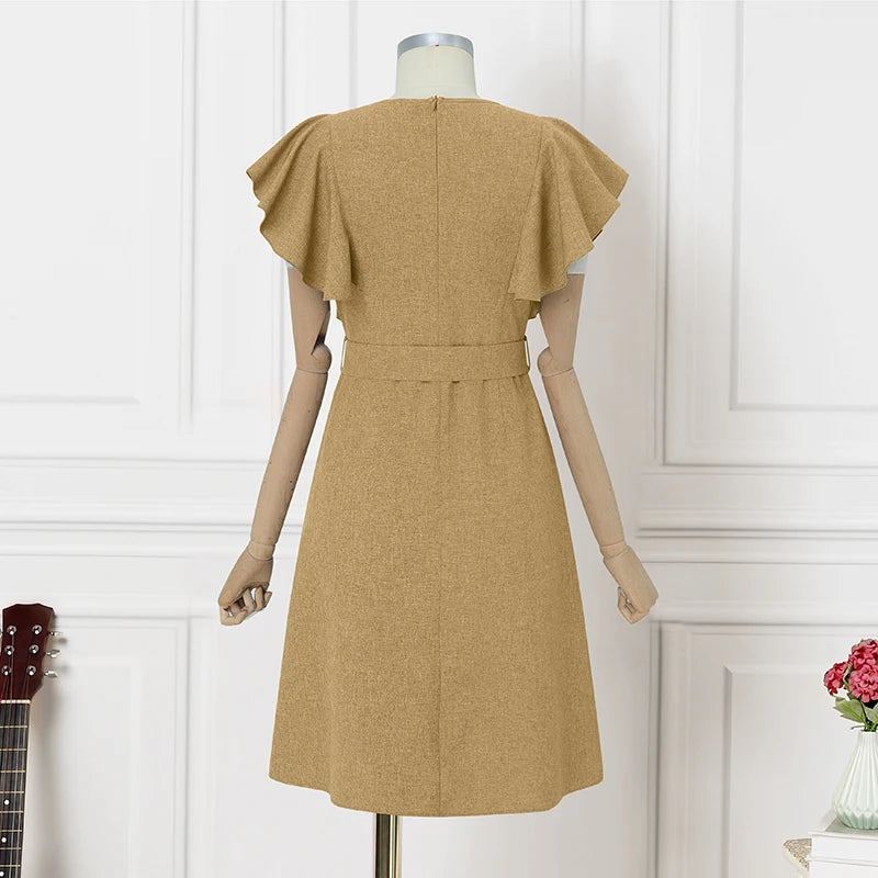 ZANZEA Elegant Women Office Lady Dress Summer Short Sleeve Ruffled Vestidos Casual Solid Color Square Collar Party Midi Sundress