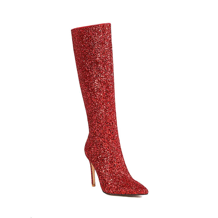 Ochanmeb Sexy Stiletto Heels Silver Red Glitter Boots Women Thin High Heeled Bling Bling Gold Sequined Knee-high Long Boot Party