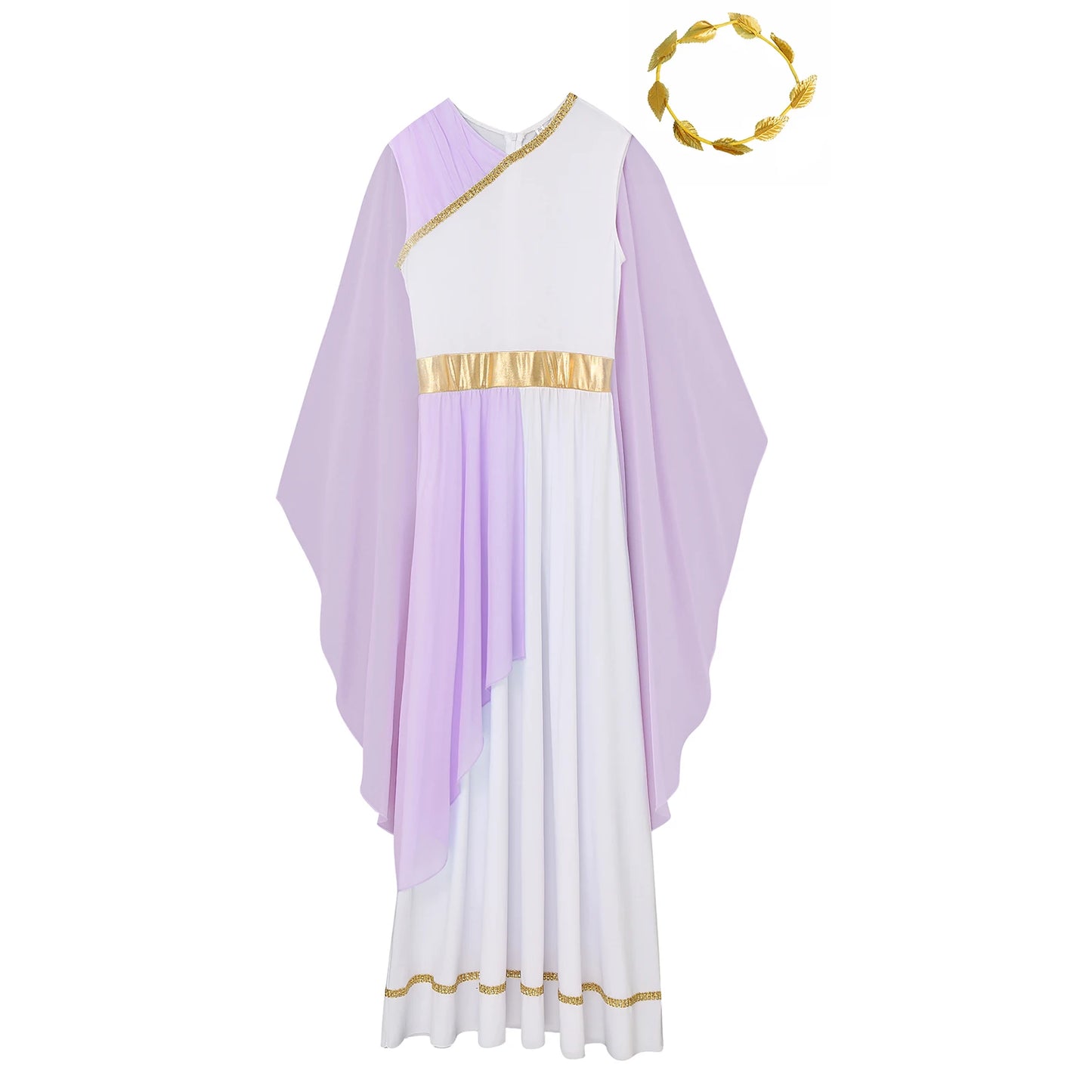 Womens Halloween Greek Beauty Carnival Cosplay Party Costumes Gold Leaves Garland Headwear And Cap Sleeve Ancient Toga Dress