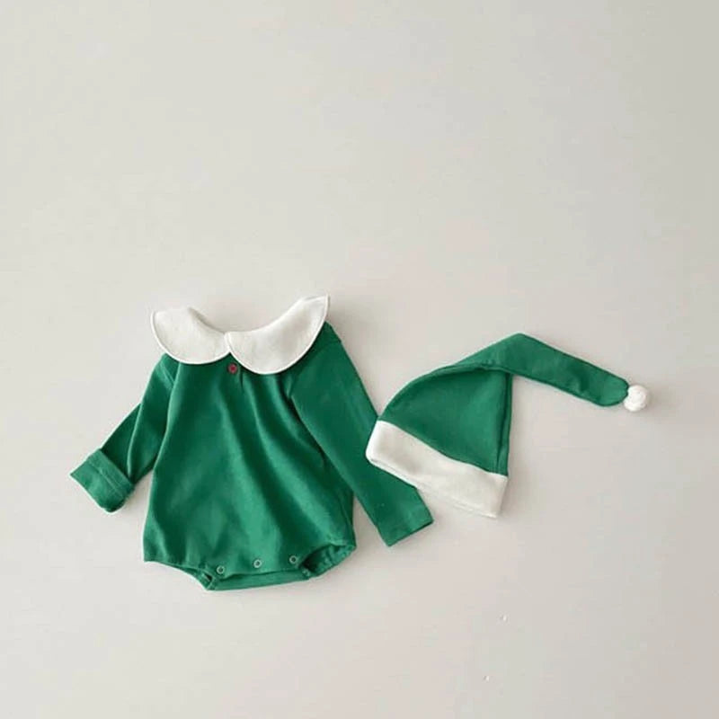 Unisex Baby Cute Triangle Romper with Hat for Christmas Boys  Lapel Collar Long-Sleeve Onesie Girls Comfortable New Year