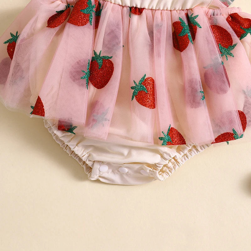 Baby Girl Summer Outfit, Strawberry Embroidery Fly Sleeve Romper Dress Bow Headband Toddler 2 Piece Set