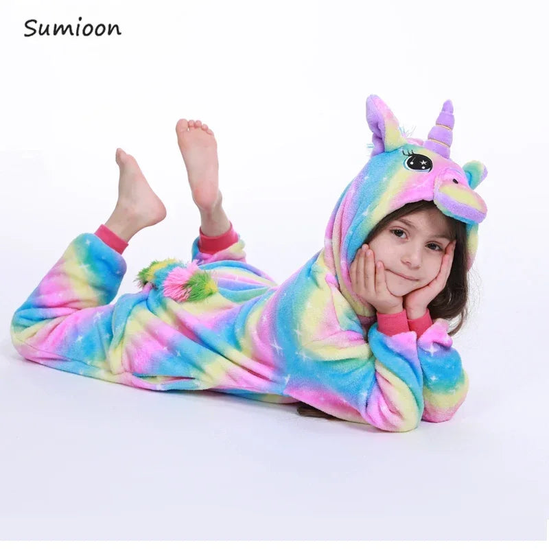 4 6 8 10 12 Years Girls Black Cat Jumpsuits Unicorn Pajamas Kigurumi Toddler Kids Hooded Flannel Home Wear Children Onesie