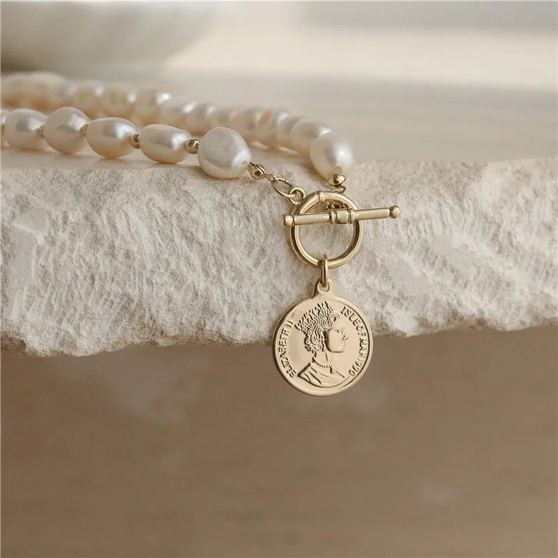 Elegant Gold Coin Portrait Natural Big Baroque Freshwater Pearl Female Pendant Necklace Jewelry For Women Chains Birthday Gifts