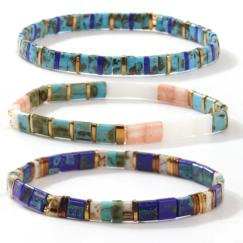 3PCS Colorful Tile Beaded Bracelet Set for Women Girls, Boho Square Beads Stretch Bracelets Summer Beach Holiday Fashion Jewelry