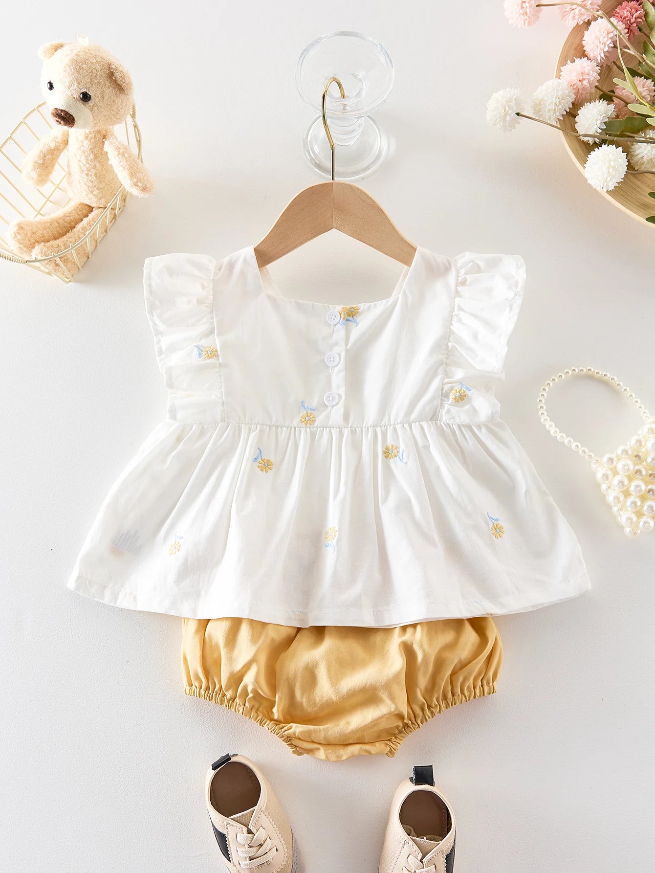 A sweet embroidered summer baby girl set with flying sleeves and shorts