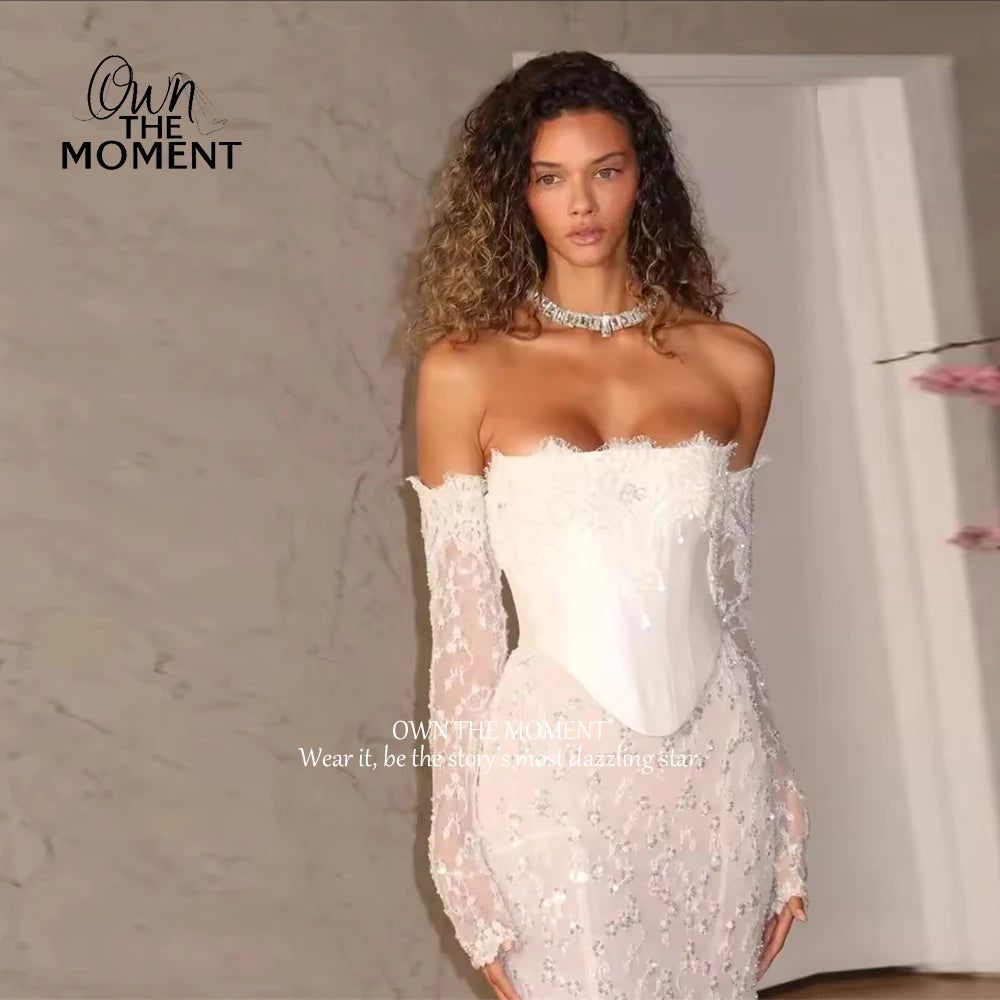 OTM White Strapless Wedding Dress Detachable Sleeves Back Zip Bridal Gown 2025 Mermaid Floor-Length Wedding Gown Customized