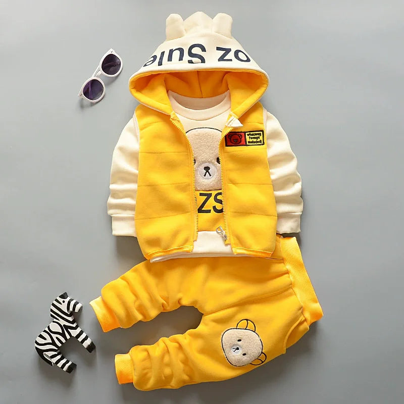 3Pcs Boys Fleece Sets Baby Girls Winter Autumn Thicken Clothes Suits Children Autumn Cartoon Hooded Jackets+Top+Pants Outfits