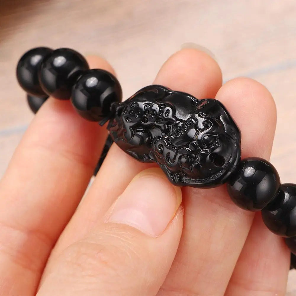 Fashion Jewelry Unisex Pixiu Men Attract Wealth Women Bracelets Obsidian Stone Beads Wristband Good Luck Bangle