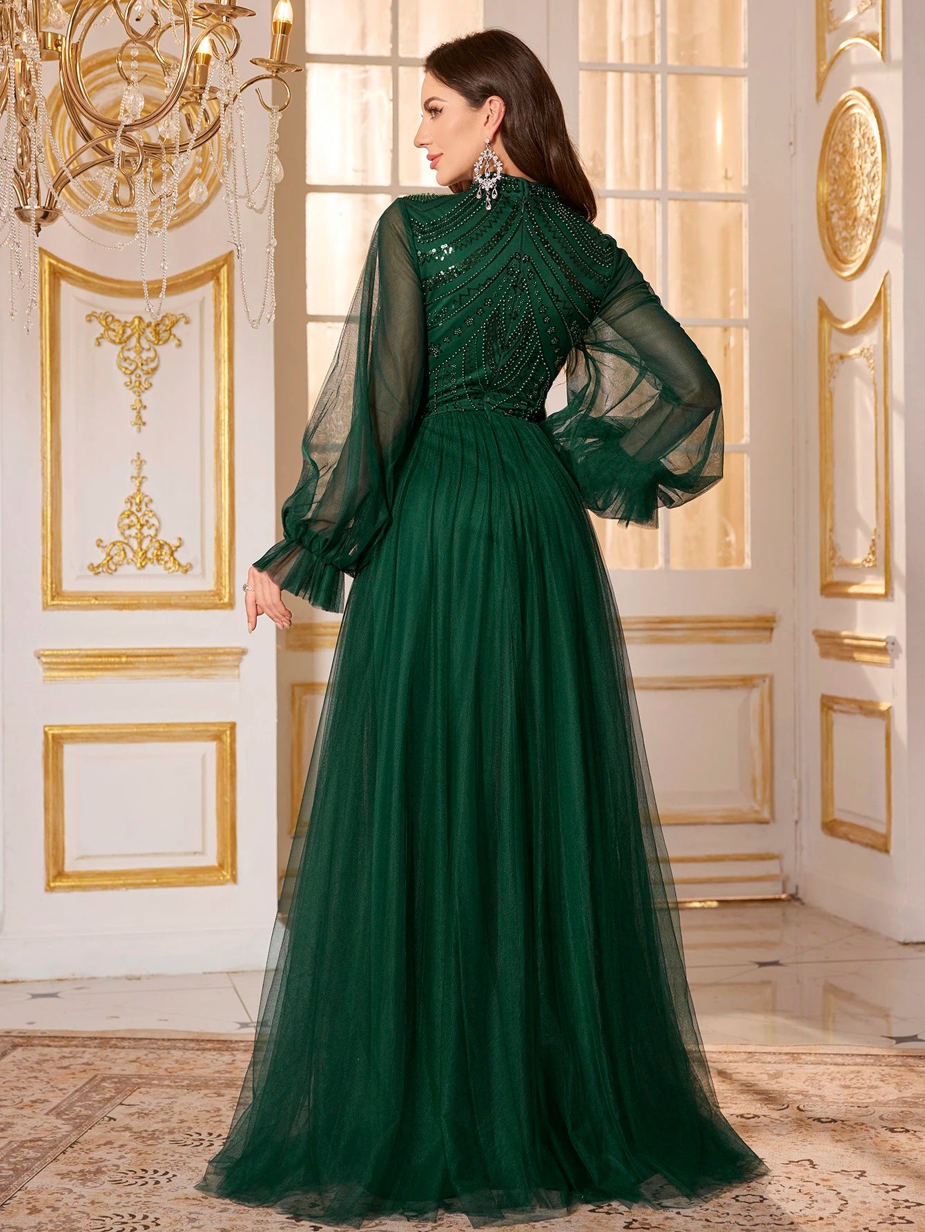 UNITHORSE Women's Round-Neck Lantern Sleeve Beads Patchwork Mesh Fabric Evening Dress