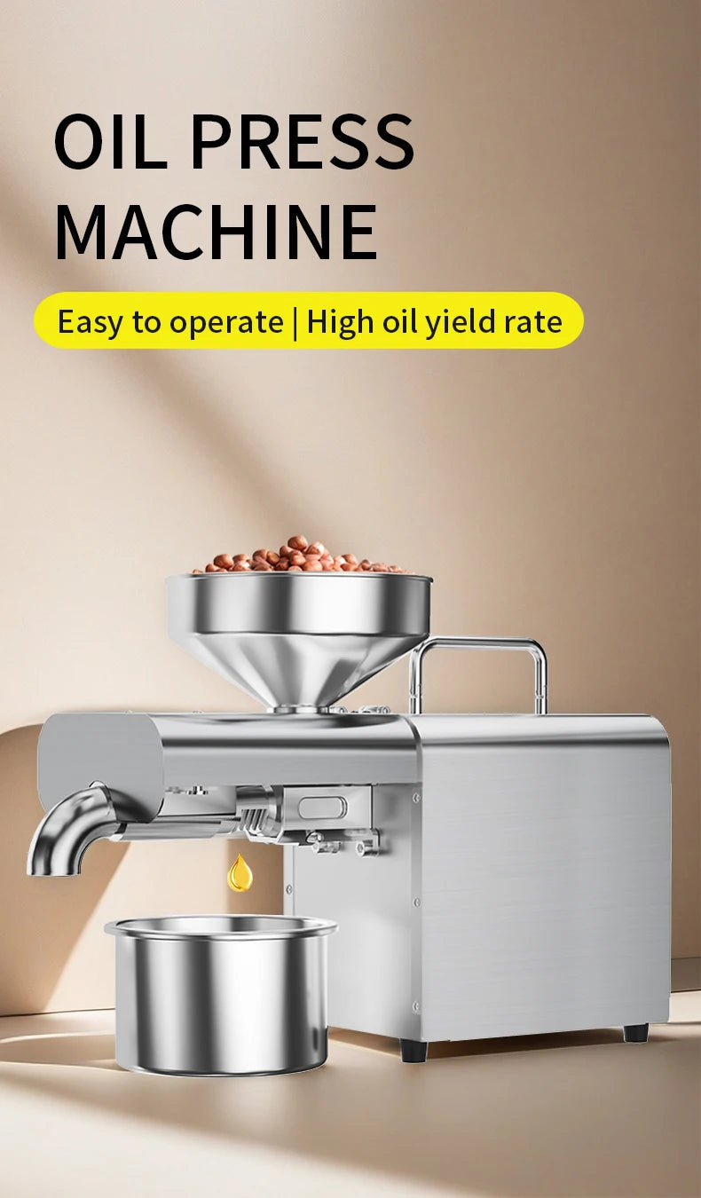 Electric Oil Press Machine, Cold/Hot for Home Use Automatic Oil Extractor for Peanut, Sesame, Sunflower Seeds, Stainless
