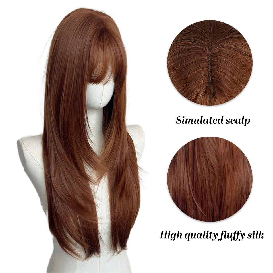 Synthetic 30 inch long straight hair wig high-level orange brown full top wig headband suitable for women's daily party wear