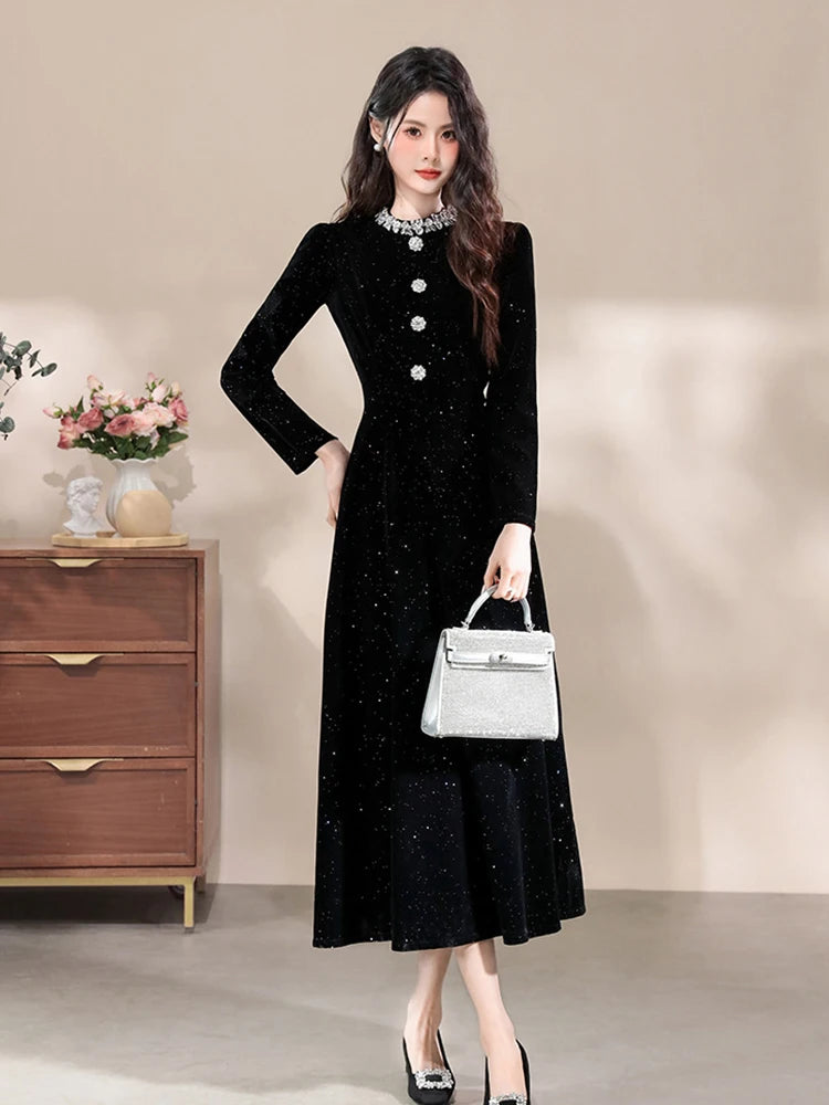 Formal Occasion Black Shiny Slim Long Evening Dress Women Clothes Elegant Luxury Lady Fashion Party Prom Birthday Vestids Retro