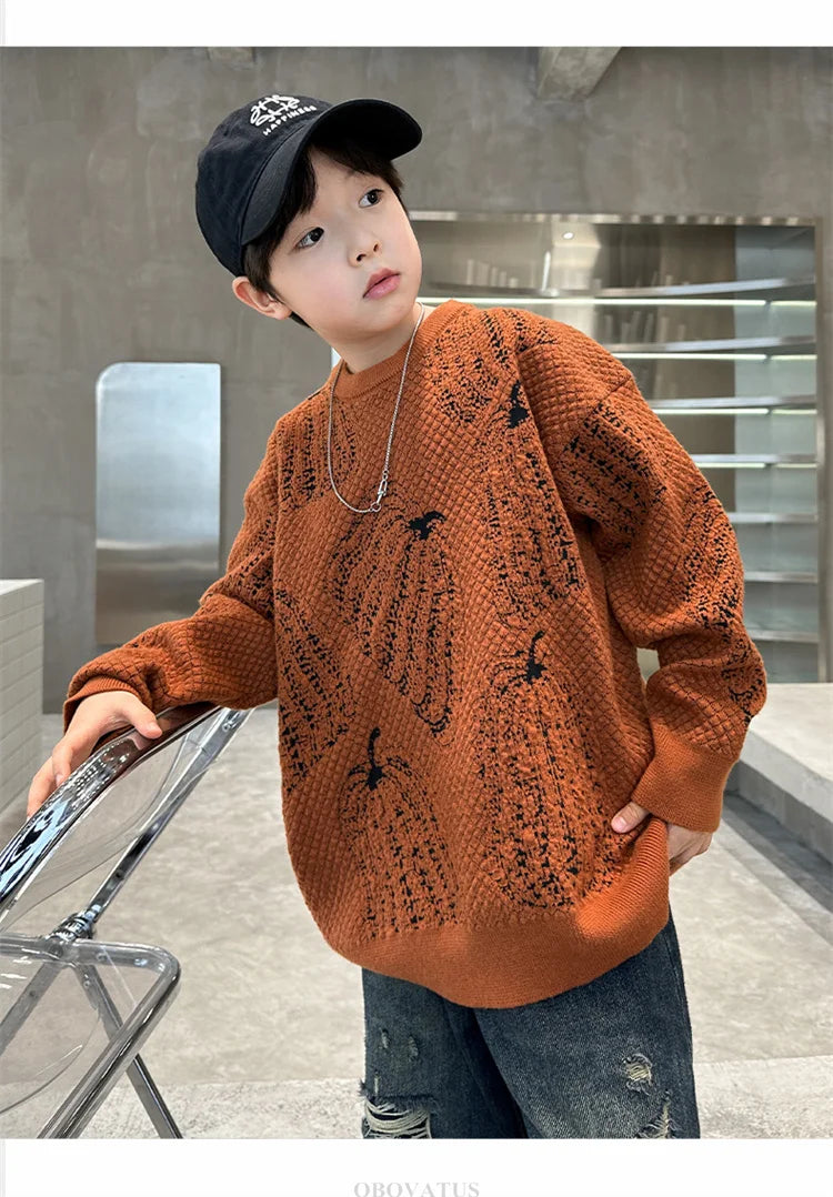 Children Halloween Pumpkin Sweater For Boys Fancy Knitted Outfit Clothing Kids Elegant Pullover Knitwear For Teenagers Age 5-14T