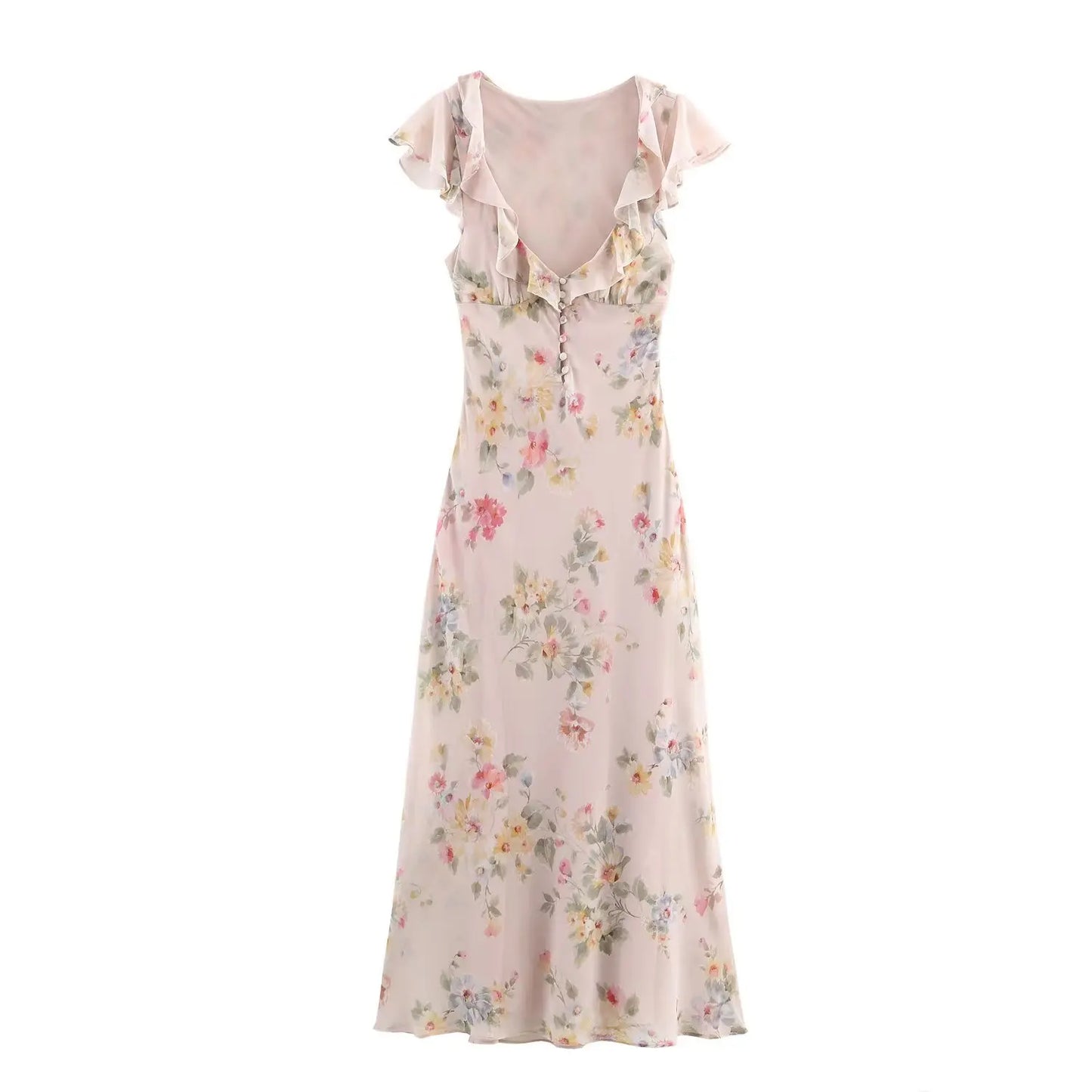 Floral Print V-Neck Midi Dress Women's Autumn New Style Layered Decorations Flower A- Line Skirt Polyester Comfortable Dress