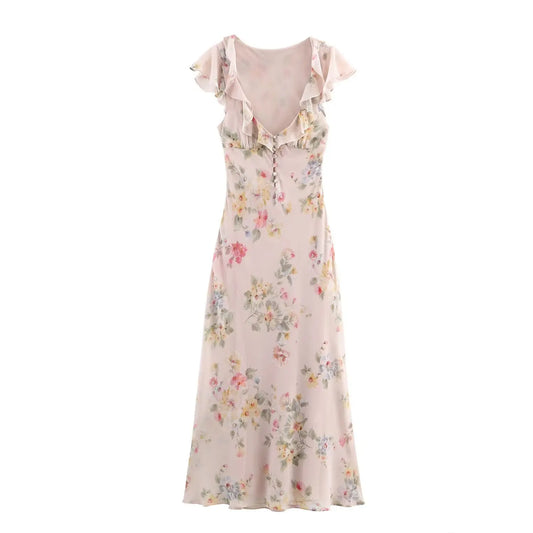 Floral Print V-Neck Midi Dress Women's Autumn New Style Layered Decorations Flower A- Line Skirt Polyester Comfortable Dress