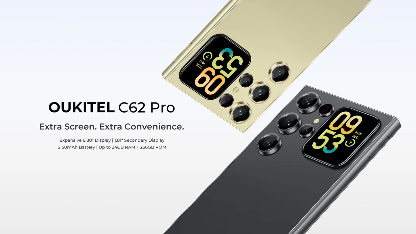 OUKITEL C62 Pro NFC Smartphone Android 15, 6.88" HD+ 1.81" Sub Screen Unisoc T615 Cell Phone, 24GB (8+16) + 256GB, 5150mAh