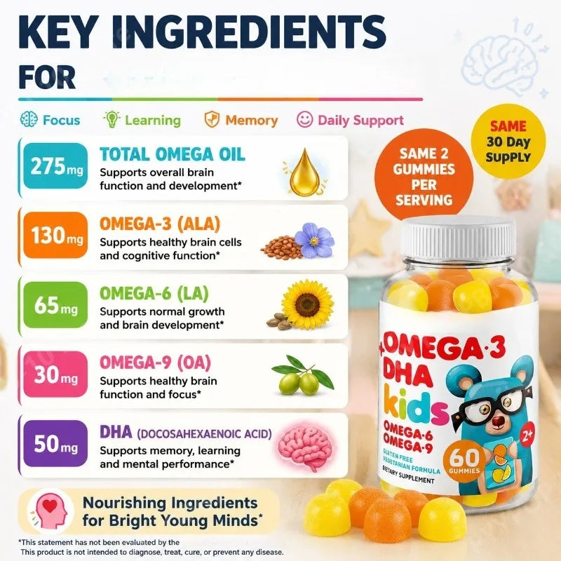 Omega 3 DHA Kids Gummies 60pcs Fruity Vegetarian Gluten Free  Daily Nutritional Support for Children 2+