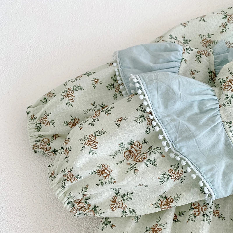 0-3Y Baby Autumn Clothes Retro Lace Infant Bow Ruffle Collar Long Sleeves Bodysuit Kids Girls Floral Print Casual Cotton Onesie