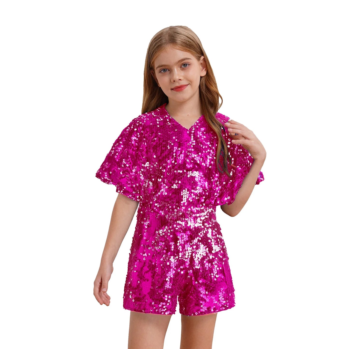 Kids Girls Shorty Unitard Sleeveless Sequin Rompers Leotard Bodysuit Performance Children Jazz Modern Dance Party Tap Costumes