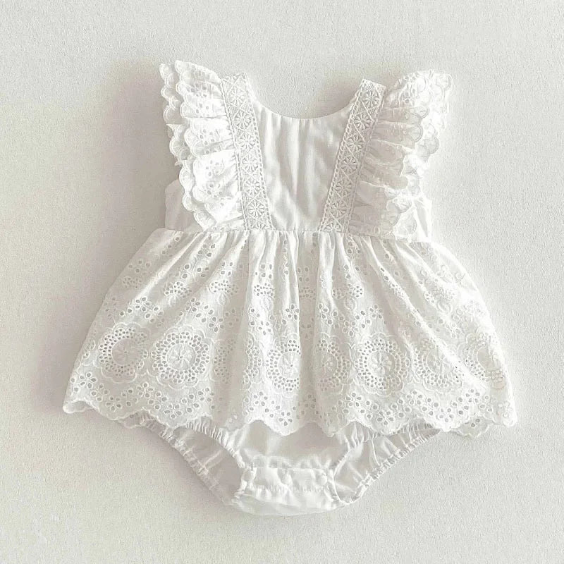 2025 New Summer Korean Style Climbing Suit Flying Sleeve Cotton Lace Splicing Toddler Baby Girls Jumpsuit 0-24M Baby Clothing
