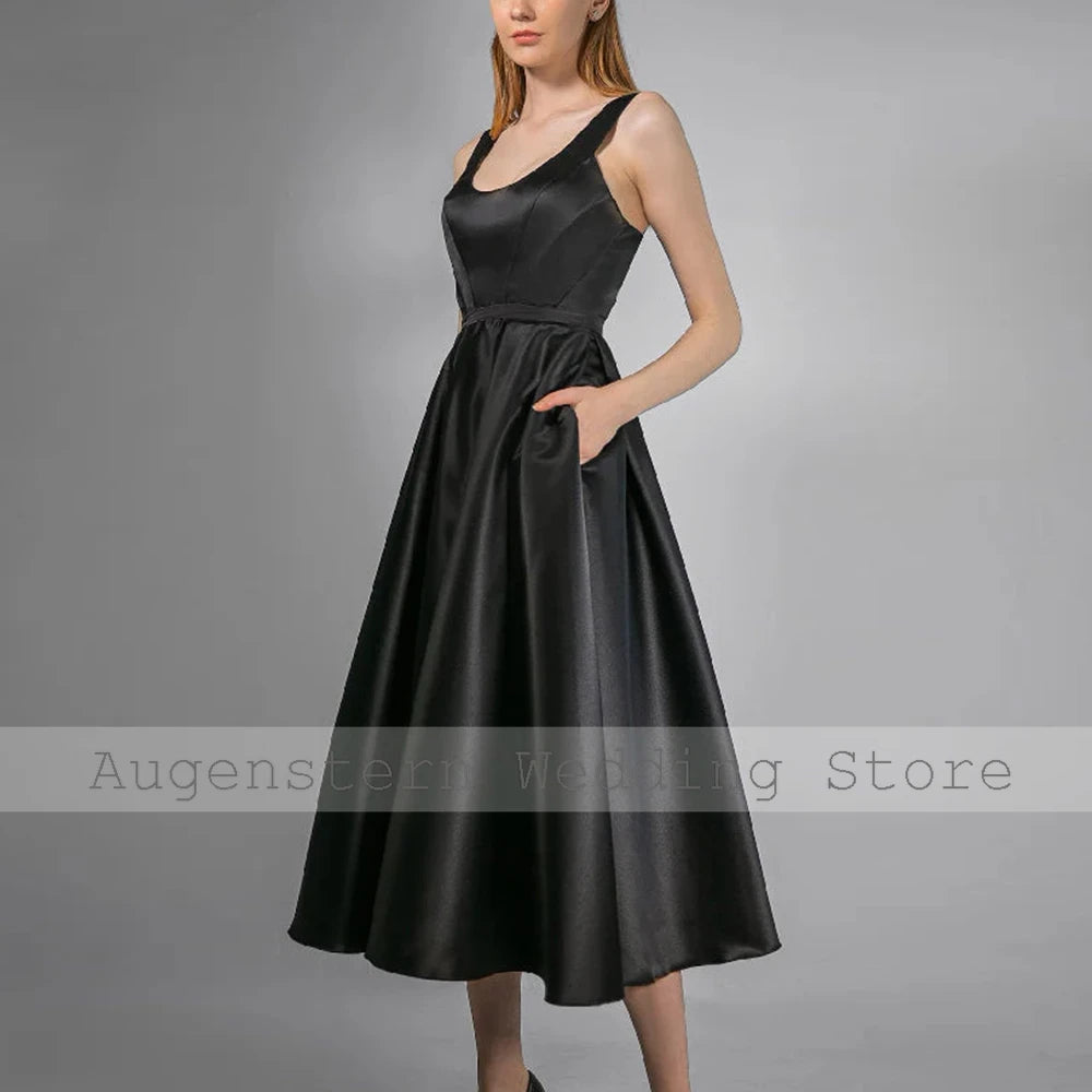 2025 Elegant Midi Wedding Dresses Satin A-line Modern Engagement Dress Ivory Square Neck Pocket Ruched Anniversary Bridal Gown