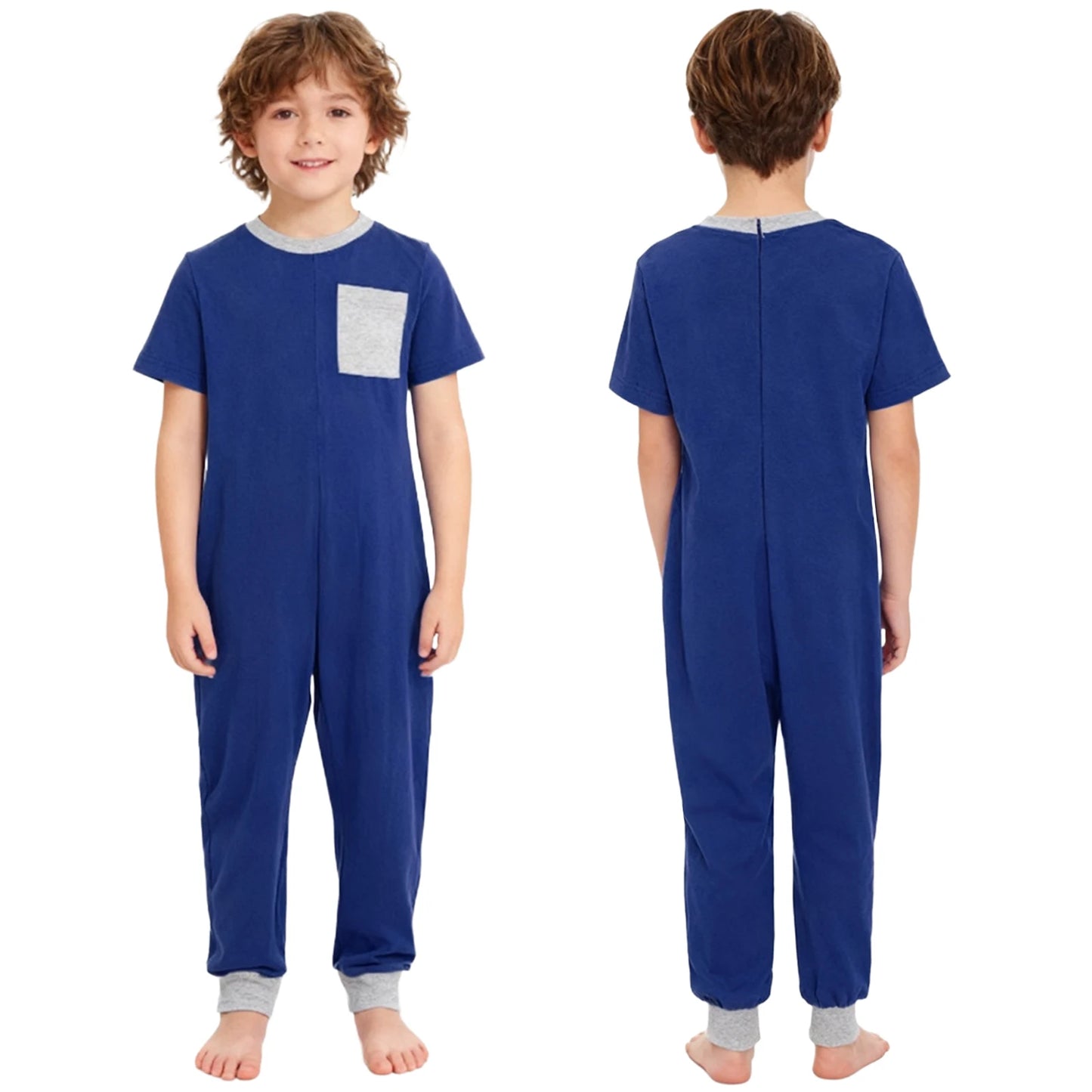 Kids Boys Girls Special Needs Adaptive Clothing Cotton Round Neck Short Sleeve Back Zipper Solid Color Full Body Jumpsuit Romper