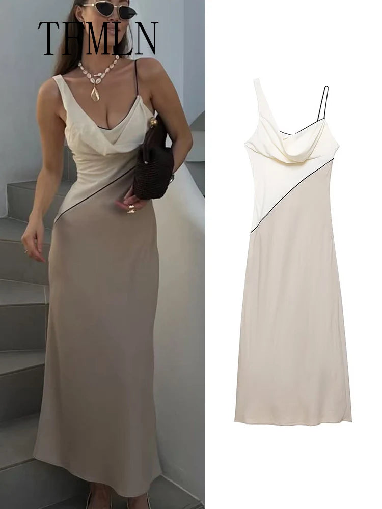 TFMLN Elegant Women Patchwork Slim Strap Dress 2025 Summer Pile Collar Sleeveless Beach Party Dress Sexy Asymmetrical Midi Dress