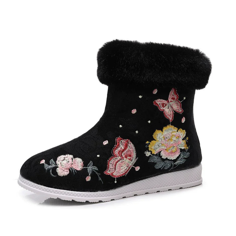 Winter Fashion Shoes Embroidered Fur Boots For Woman Bota Ancient Costume Botines Para Mujeres Hanfu Women's Boots Botas Mujer
