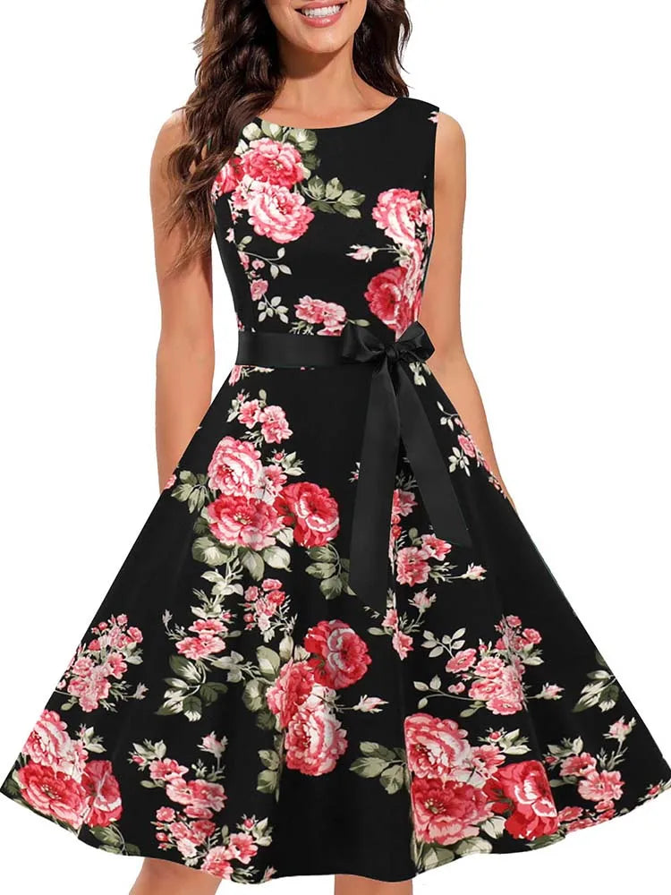 Sleeveless Floral Print Summer Dress Women Elegant Vintage Casual O Neck A Line Midi Party Sundress Vestidos With Belt