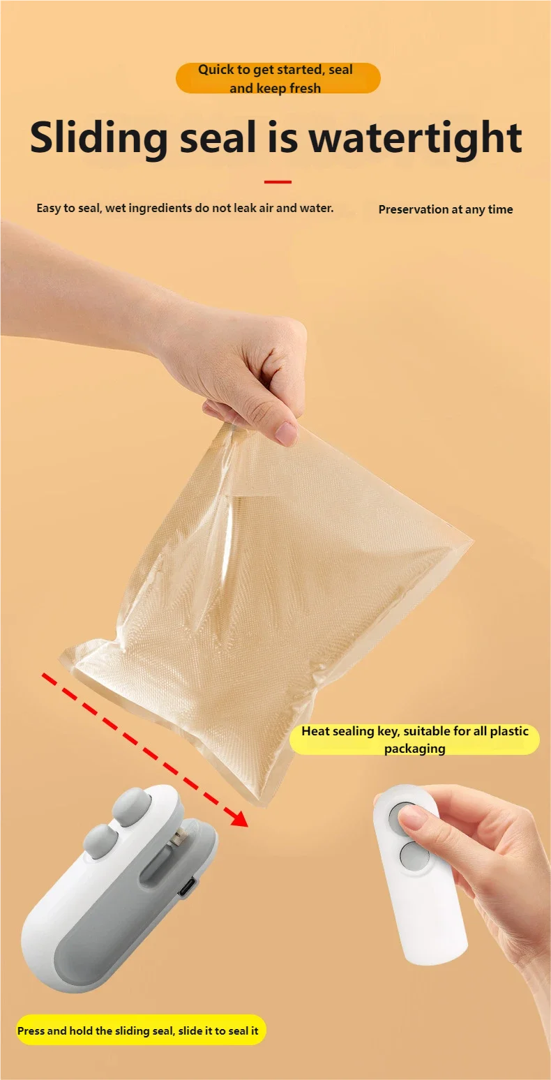 HOMEFISH Mini Handheld Food Heat Sealer, USB Rechargeable Heat Sealer, Storage Bag, Plastic Package, Food Sealer, Clip Bag