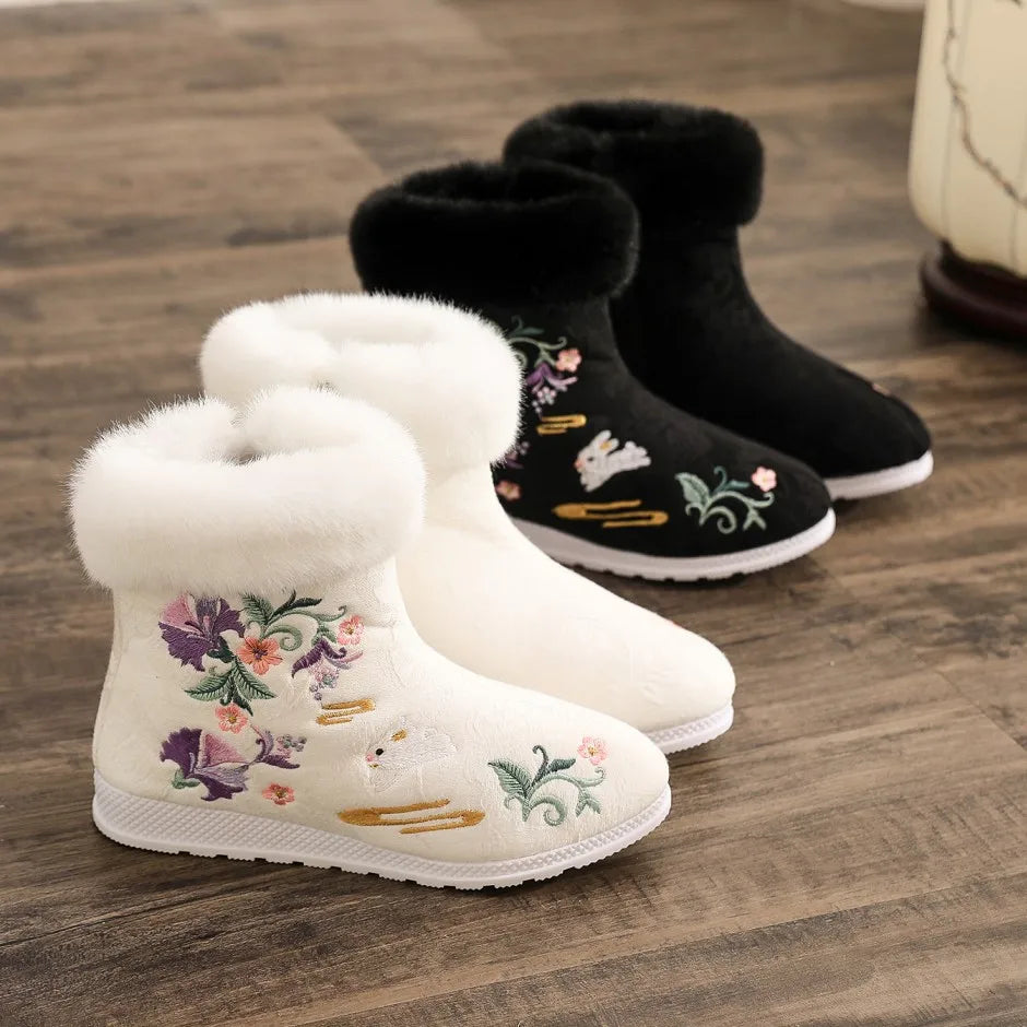 Winter Fashion Shoes Embroidered Fur Boots For Woman Bota Ancient Costume Botines Para Mujeres Hanfu Women's Boots Botas Mujer