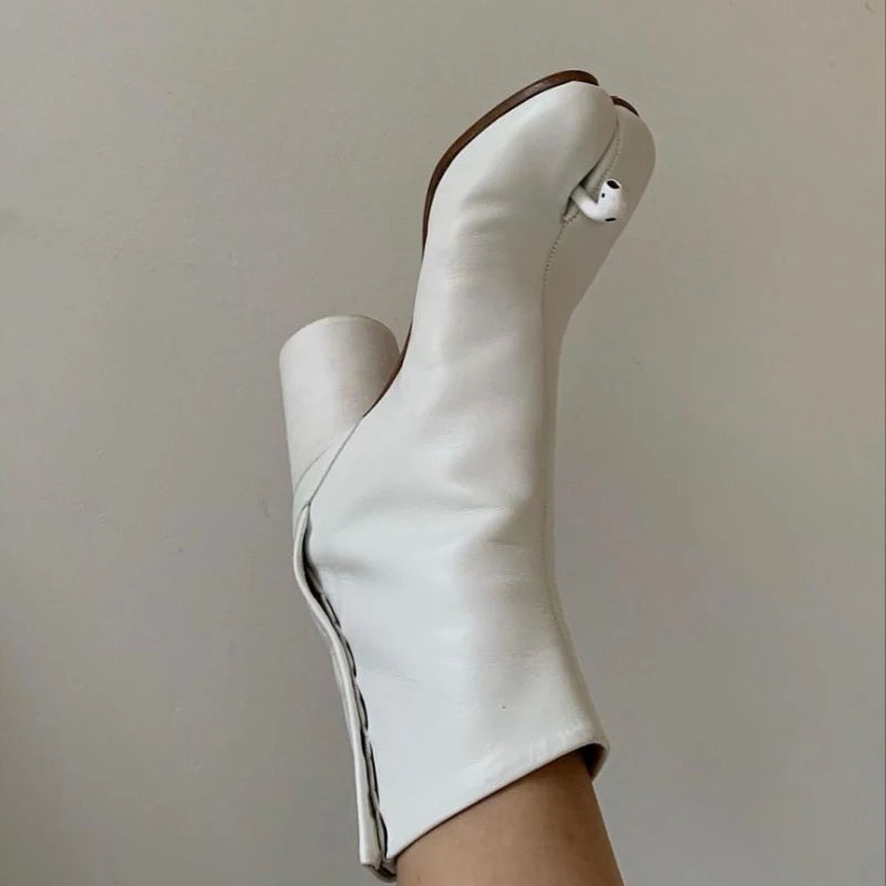 Split Toe Chunky Heels Ankle Boots Women Brand Designer Tabi Short Boots Autumn Winter INS Style Genuine Leather Female Shoes
