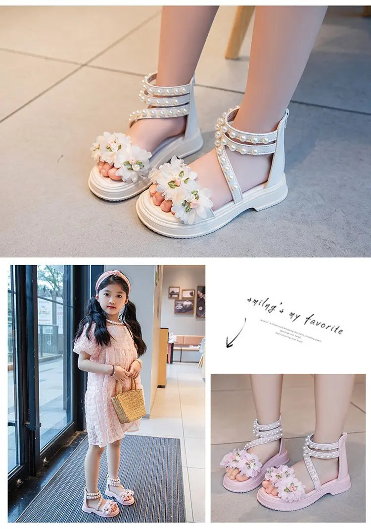 Girls Summer Sandals Soft Bottom Toe-Open Cute Princess Shoes Middle Large Children Little Girls Student Beach Shoes