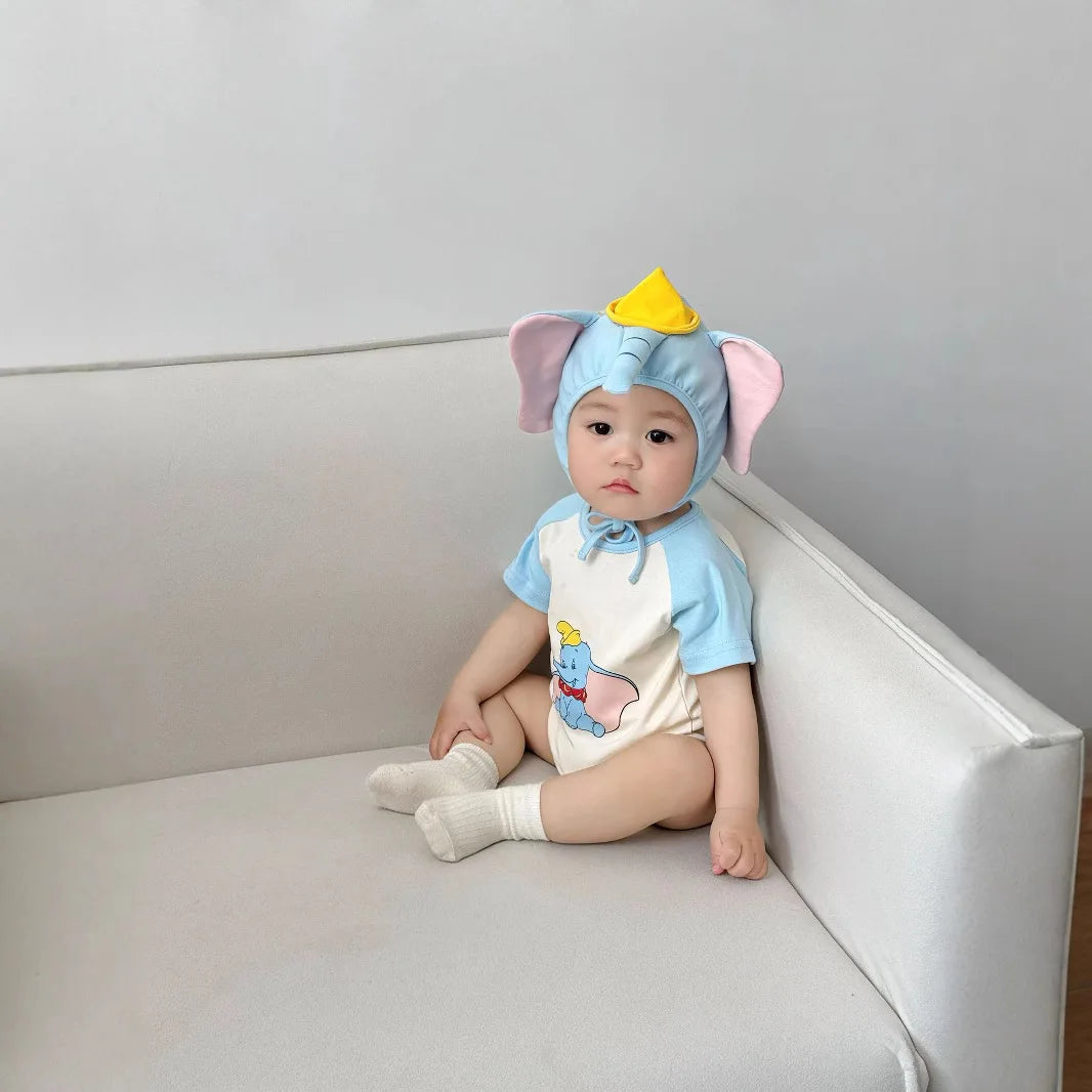 3D Elephant Print Baby Onesie with Hat Set Short Sleeve Romper Bodysuit Outfit Newborn Infant Summer Outfit Cute Animal Costume